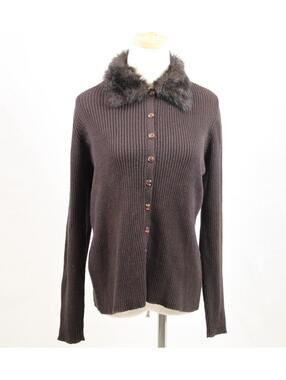 Vintage 90s Dark Brown Ribbed Knit Cardigan Faux Fur Collar Small Liz Claiborne